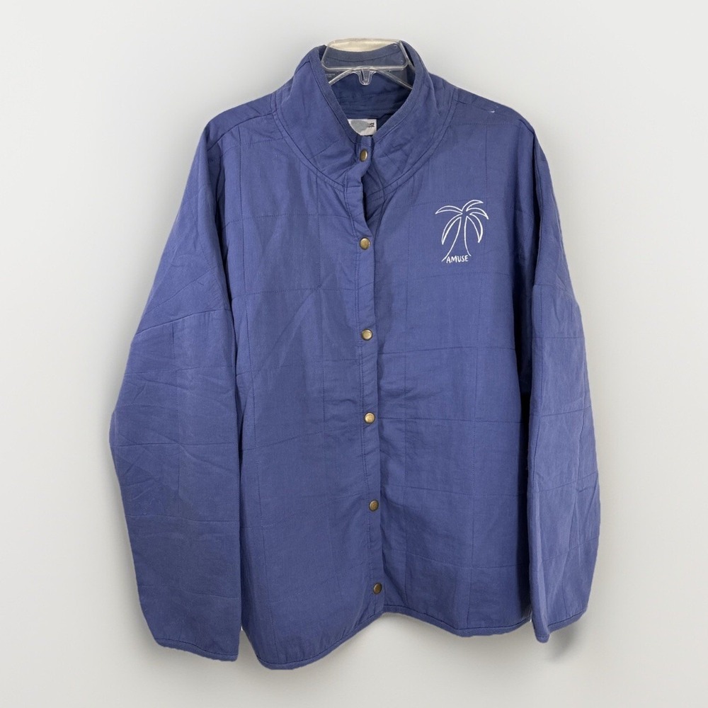 Society Amuse Shirt Jacket Women's XXL Blue Quilted Snaps Long Sleeve Palm Tree